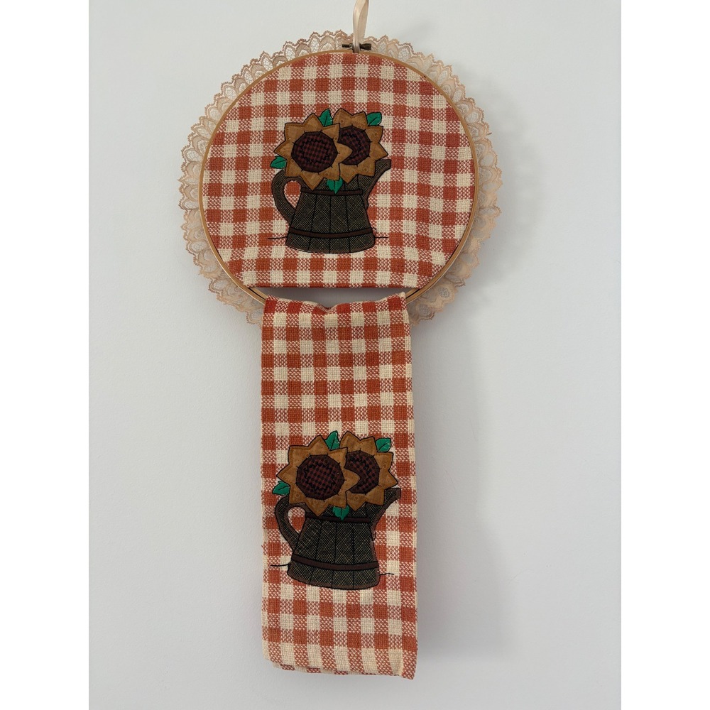 Handmade Sunflower Gingham Kitchen Towel Holder Set Orange Lace Trim Farmhouse